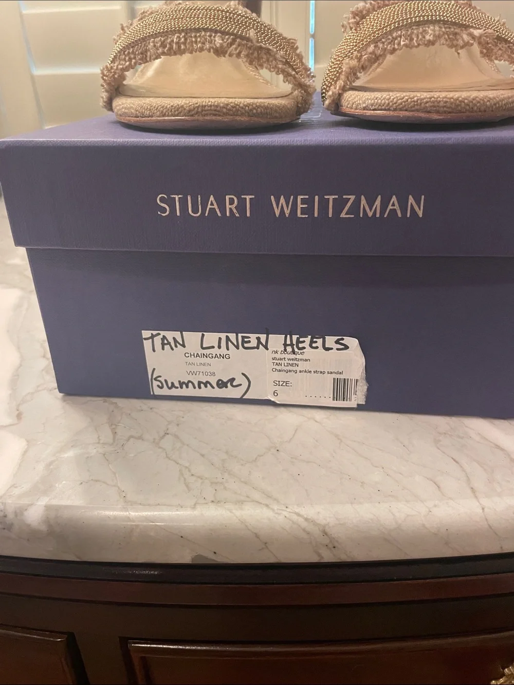 Stuart Weitzman Nude-Beige Frayed Ankle Strap Block Heels